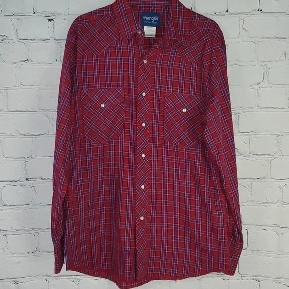 Wrangler Other - Vintage Wrangler Western Medium Red Plaid Pearl Snap Long Sleeve Shirt Size M